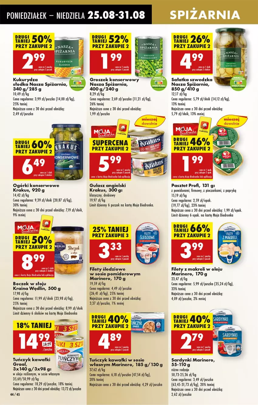 Gazetka promocyjna Biedronka - Od Poniedziałku - ważna 25.08 do 30.08.2025 - strona 56 - produkty: Boczek, Fa, Gra, Graal, Groszek, Kawa, Krakus, Kukurydza, Mola, Ogórki konserwowe, Olej, Pasztet, Piec, Pieczarka, Sałat, Sałatka, Sardynki, Ser, Sos, Tuńczyk