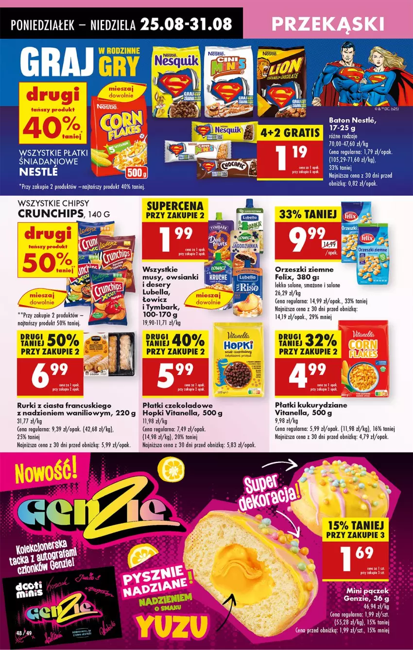 Gazetka promocyjna Biedronka - Od Poniedziałku - ważna 25.08 do 30.08.2025 - strona 62 - produkty: Baton, Bell, Bella, Chipsy, Crunchips, Danio, Deser, Felix, LG, Lubella, Mus, Orzeszki, Orzeszki ziemne, Rurki, Ser, Tymbark