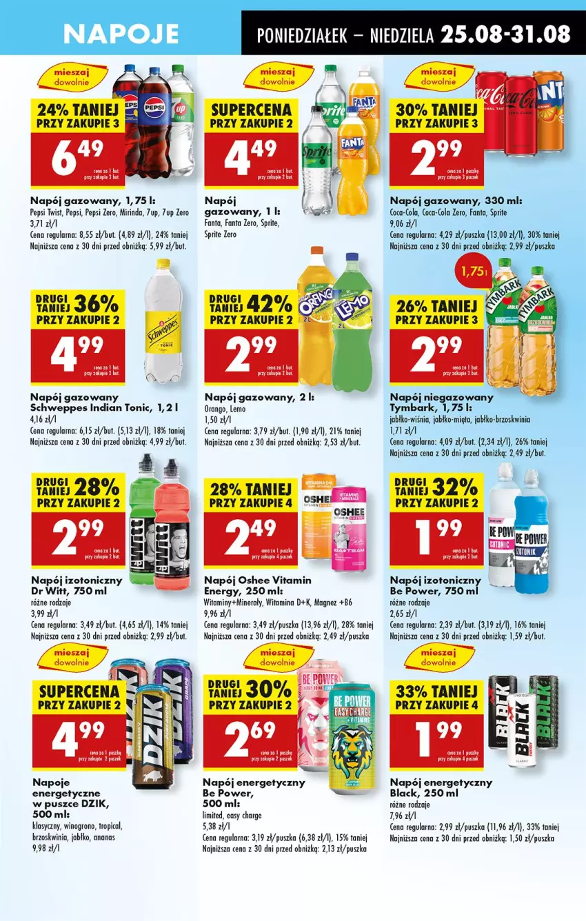 Gazetka promocyjna Biedronka - Od Poniedziałku - ważna 25.08 do 30.08.2025 - strona 65 - produkty: 7up, Ananas, Coca-Cola, Fa, Fanta, Lack, Magnez, Mięta, Mirinda, Napój, Napój energetyczny, Napój gazowany, Napój izotoniczny, Napój niegazowany, Napoje, Oshee, Pepsi, Pur, Schweppes, Sprite, Tropical, Tymbark, Wino
