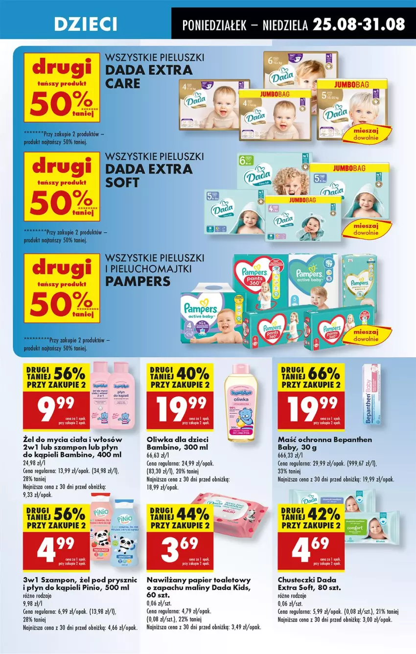 Gazetka promocyjna Biedronka - Od Poniedziałku - ważna 25.08 do 30.08.2025 - strona 71 - produkty: Bepanthen, Chusteczki, Dada, Dzieci, Leon, Majtki, Maliny, Oliwka dla dzieci, Pampers, Papier, Papier toaletowy, Pieluchomajtki, Płyn do kąpieli, Szampon