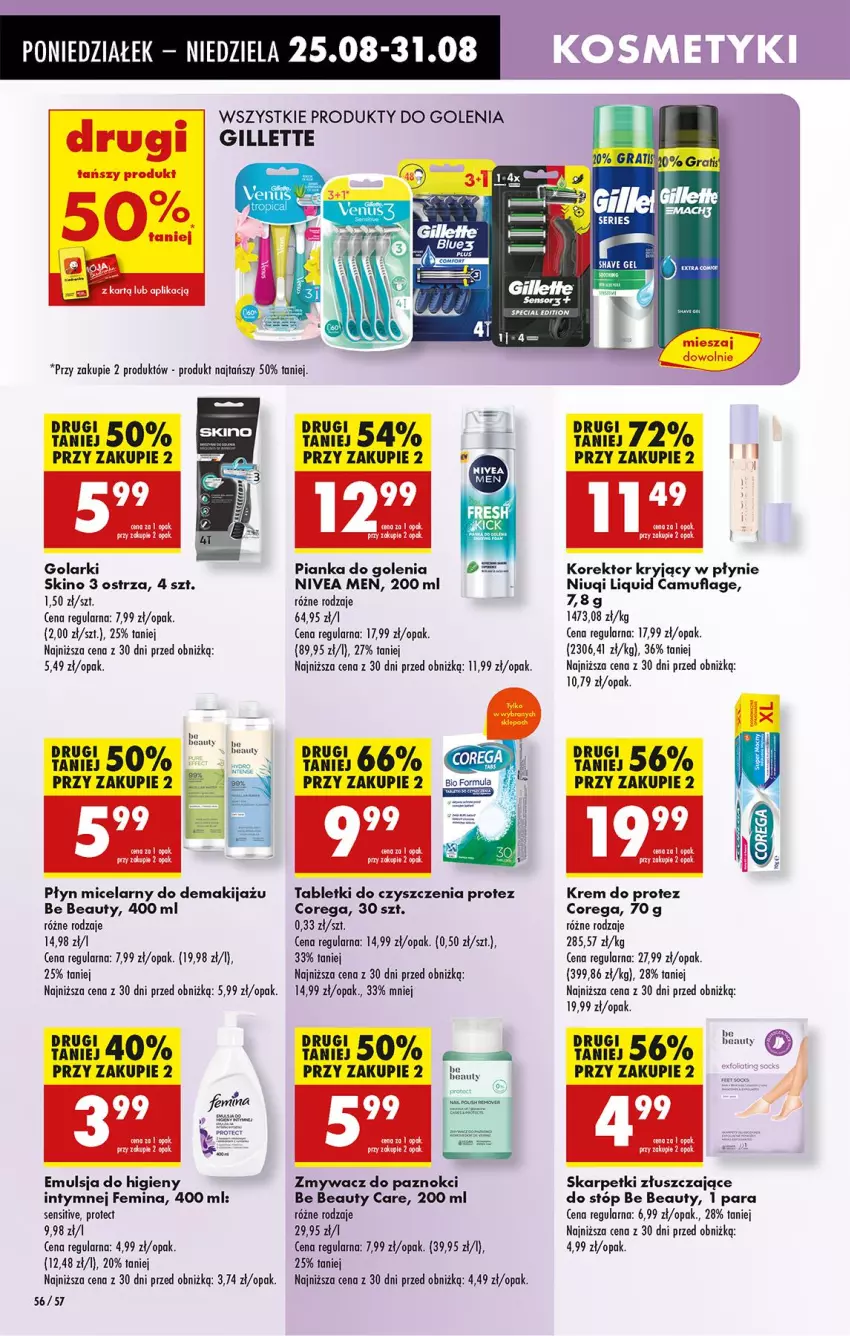 Gazetka promocyjna Biedronka - Od Poniedziałku - ważna 25.08 do 30.08.2025 - strona 74 - produkty: Be Be, Corega, Emulsja, Gillette, Karp, Makijaż, Niuqi, Nivea, Nivea Men, Pianka do golenia, Płyn micelarny, Skarpetki, Tablet, Zmywacz do paznokci
