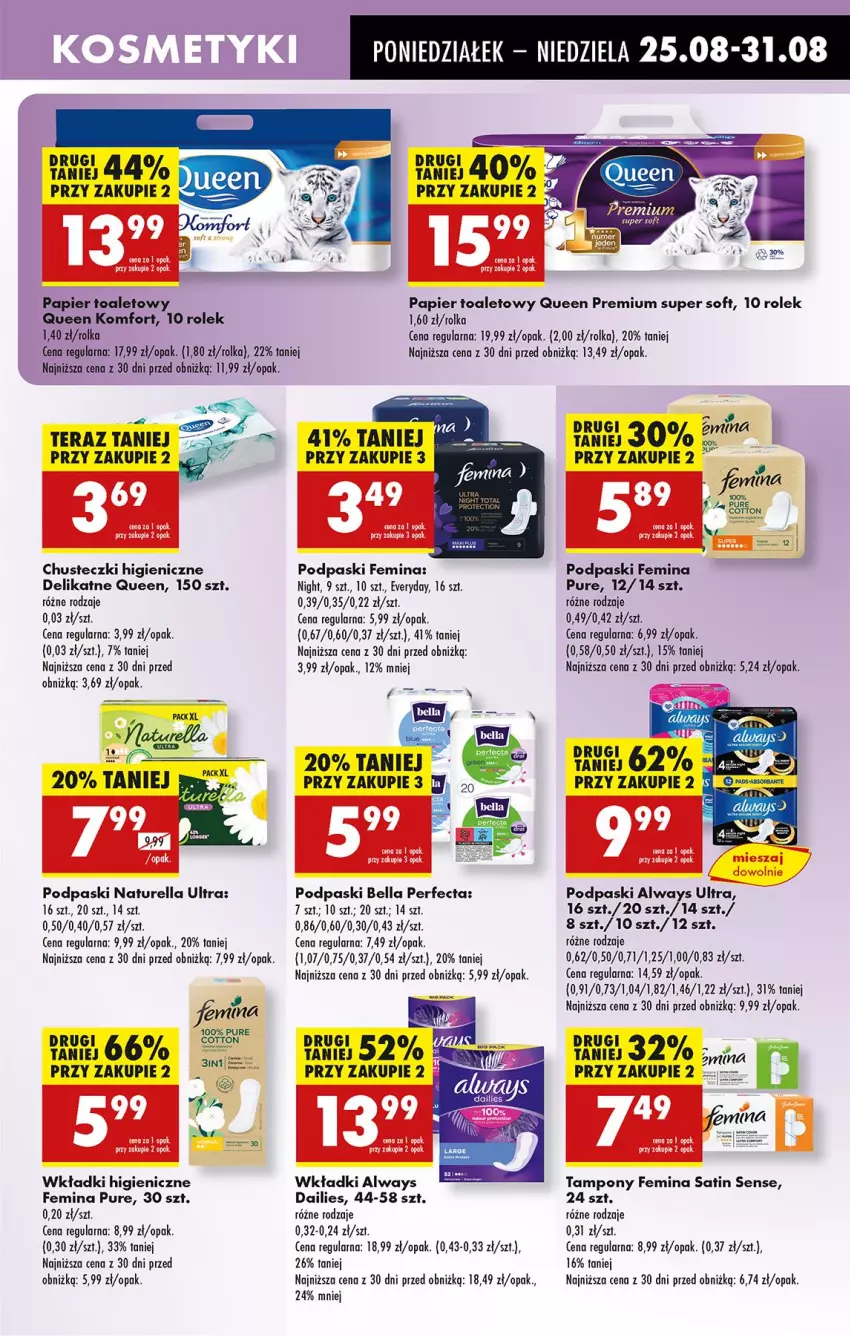 Gazetka promocyjna Biedronka - Od Poniedziałku - ważna 25.08 do 30.08.2025 - strona 75 - produkty: Always, Always Ultra, Bell, Bella, Chusteczki, Naturell, Naturella, Papier, Papier toaletowy, Perfecta, Podpaski, Pur, Sati, Tampony, Tera, Wkładki