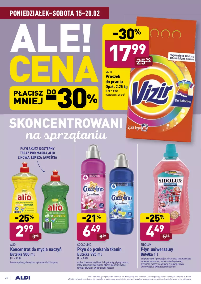 Gazetka promocyjna Aldi - ALE! CENA - ważna 15.02 do 20.02.2021 - strona 20 - produkty: Coccolino, Do mycia naczyń, Koncentrat do mycia naczyń, Płyn do płukania, Proszek do prania, Sidolux, Tera, Vizir