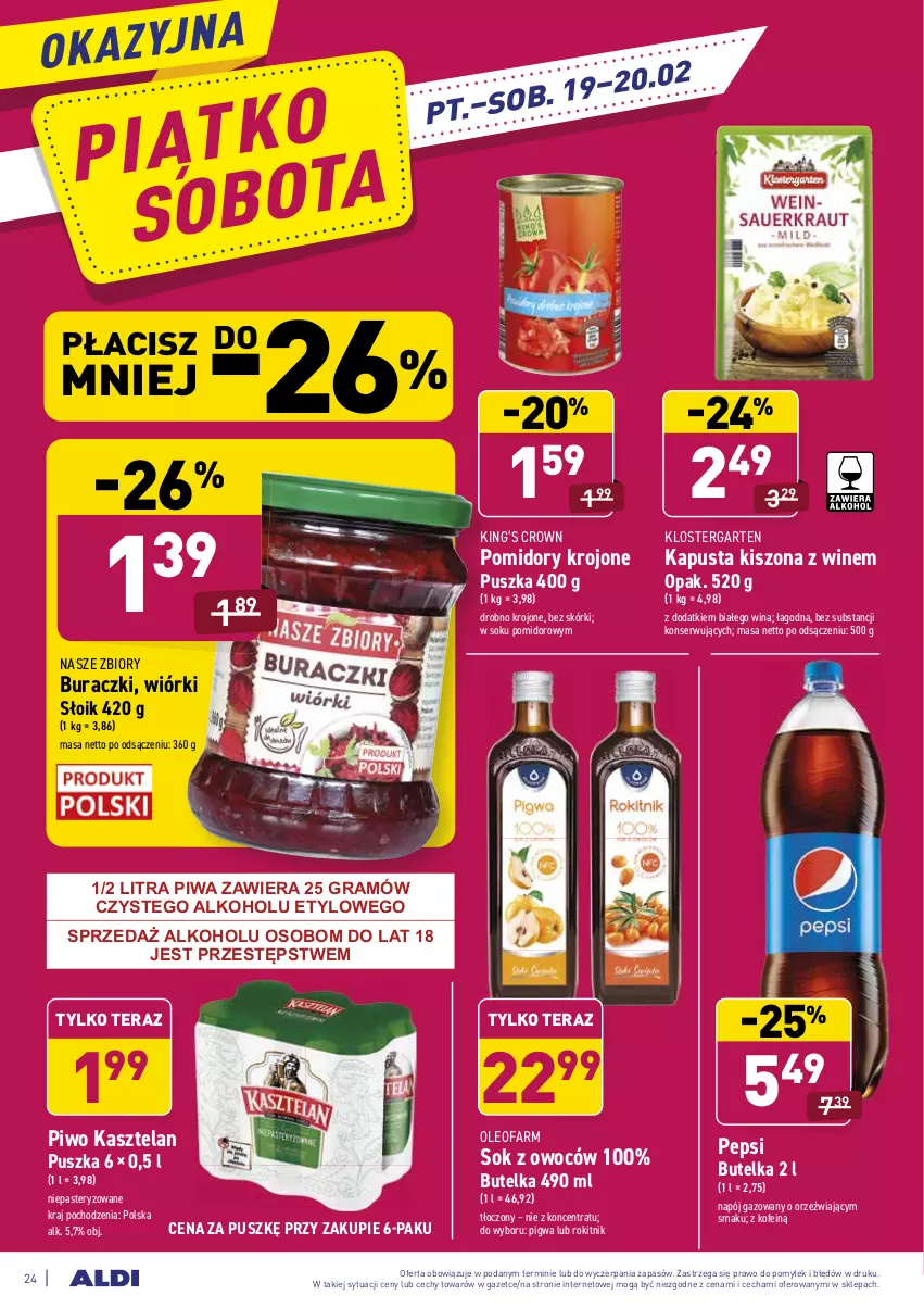 Gazetka promocyjna Aldi - ALE! CENA - ważna 15.02 do 20.02.2021 - strona 24 - produkty: Buraczki, Fa, Gra, Kasztelan, King’s Crown, Klostergarten, Napój, Napój gazowany, Oleo, Oleofarm, Pepsi, Piwa, Piwo, Pomidory, Pomidory krojone, Ser, Sok, Tera