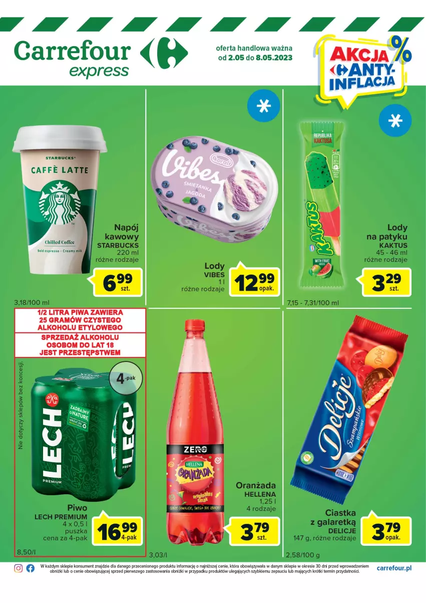 Gazetka promocyjna Carrefour - Gazetka Express - ważna 02.05 do 08.05.2023 - strona 2 - produkty: Ciastka, Delicje, Gala, Gra, Hellena, Kaktus, Lech Premium, Lody, Napój, Oranżada, Piwa, Piwo