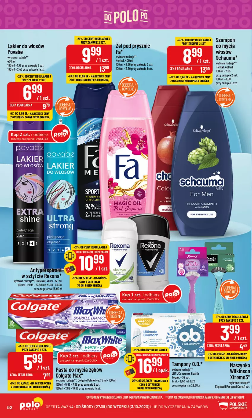 Gazetka promocyjna PoloMarket - Gazetka pomocyjna - ważna 27.09 do 03.10.2023 - strona 52 - produkty: Colgate, Lakier, Lakier do włosów, LG, Maszynka, Palmolive, Rexona, Schauma, Stanik, Szampon, Szynka, Tampony