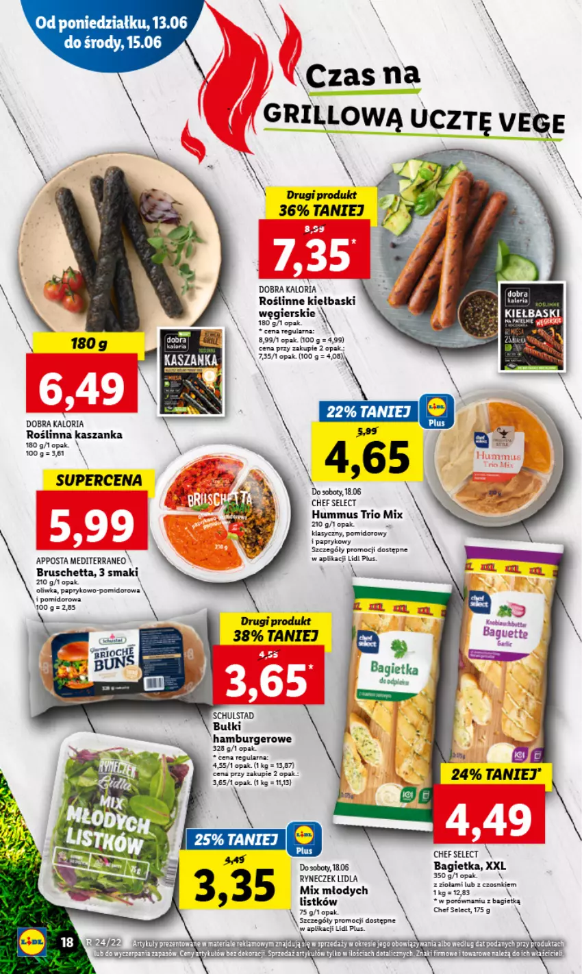 Gazetka promocyjna Lidl - GAZETKA - ważna 13.06 do 15.06.2022 - strona 18 - produkty: Bagietka, Burger, Hamburger, Hummus, Kasza, Kaszanka, Kosz, Mus, Por, Rama, Roślinne kiełbaski, Wino