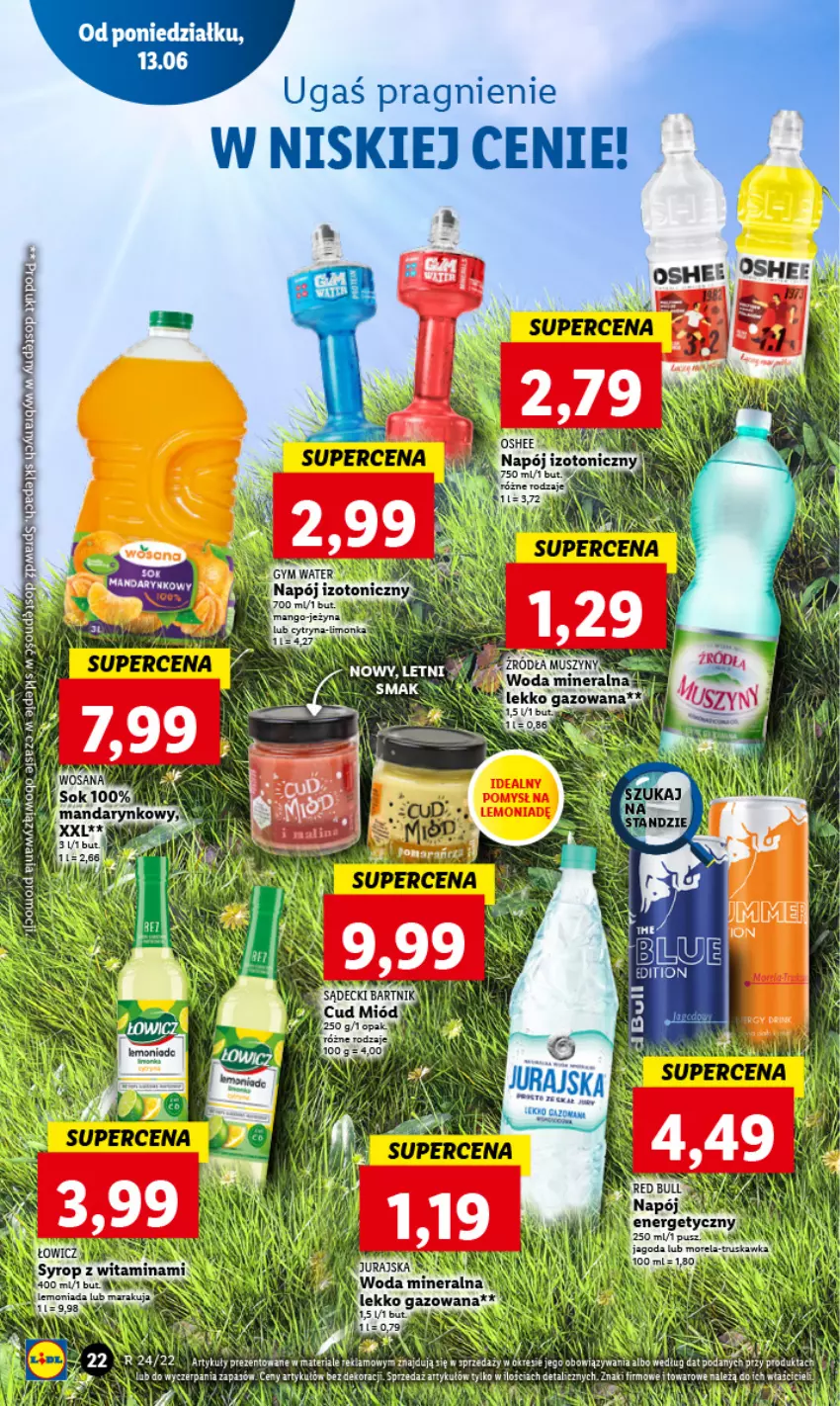 Gazetka promocyjna Lidl - GAZETKA - ważna 13.06 do 15.06.2022 - strona 22 - produkty: Fa, Miód, Mus, Napój, Napój izotoniczny, Red Bull, Syrop, Szyny, Woda, Woda mineralna