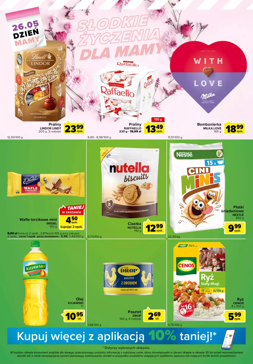 Gazetka promocyjna Carrefour - Gazetka Express - ważna 23.05 do 29.05.2023 - strona 3 - produkty: Cenos, Ciastka, Danio, Fa, Kosz, Kujawski, Lindor, Lindt, Milka, Nutella, O nas, Olej, Pasztet, Praliny, Raffaello, Ryż, Wafle