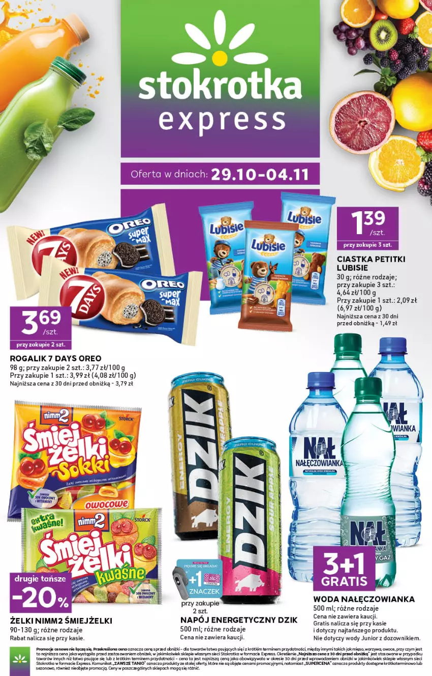 Gazetka promocyjna Stokrotka - Express - ważna 29.10 do 04.11.2026 - strona 1 - produkty: 7 Days, Ciastka, Dozownik, Gra, Lubisie, Nałęczowianka, Napój, Napój energetyczny, Nimm2, Oreo, Owoce, Rogal, Smiejzelki, Woda