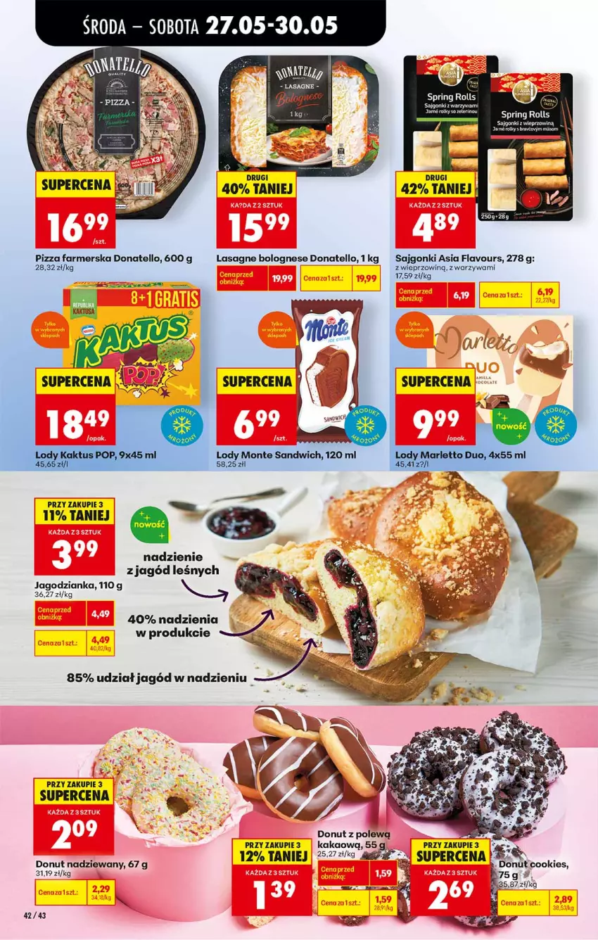 Gazetka promocyjna Biedronka - Od Środy - ważna 27.05 do 28.05.2026 - strona 42 - produkty: Donut, Fa, Jagodzianka, Kakao, Lasagne, Lasagne bolognese, Lody, Monte, Pizza, Sajgonki, Warzywa