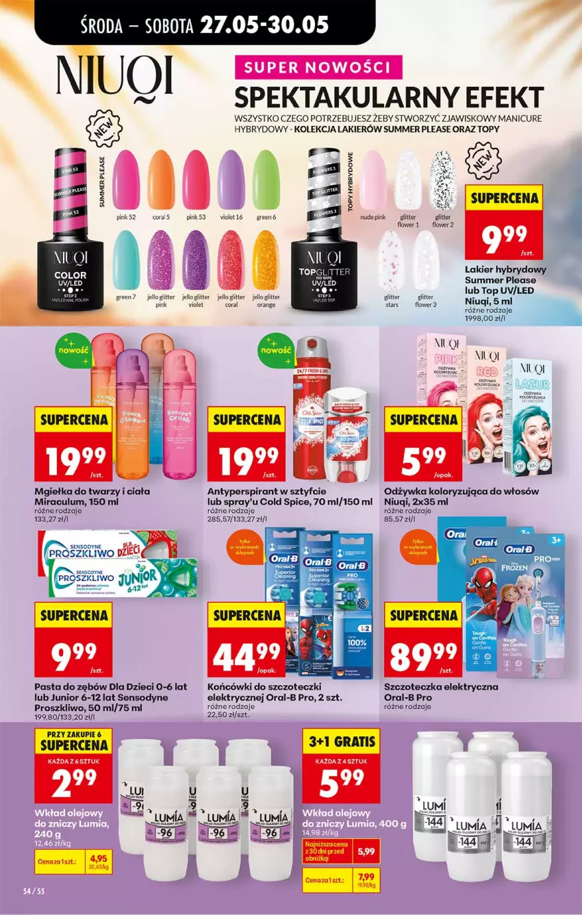 Gazetka promocyjna Biedronka - Od Środy - ważna 27.05 do 28.05.2026 - strona 54 - produkty: Antyperspirant, Dzieci, Końcówki do szczoteczk, Lakier, Lakier hybrydowy, Mgiełka do twarzy, Niuqi, Odżywka, Old Spice, Pasta do zębów, Sensodyne, Szczoteczka, Top