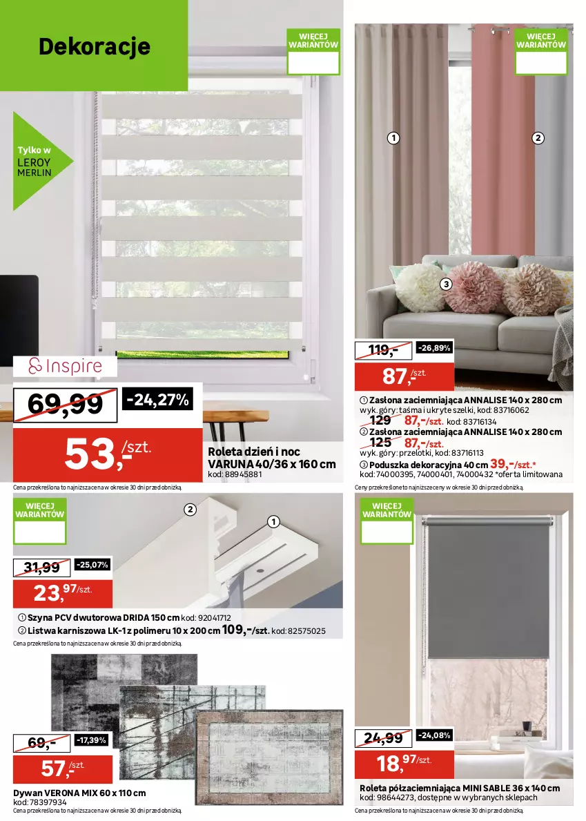 Gazetka promocyjna Leroy Merlin - Gazetka Leroy Merlin - ważna 12.08 do 08.09.2026 - strona 12 - produkty: Dywan, Karnisz, Lampa, Lampa sufitowa, Lampa wisząca, Listwa, Plafon, Plafon LED, Poduszka, Poduszka dekoracyjna, Reflektor, Roleta, Ser, Szyna, Zasłona