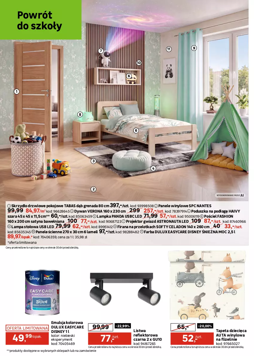 Gazetka promocyjna Leroy Merlin - Gazetka Leroy Merlin - ważna 12.08 do 08.09.2026 - strona 14 - produkty: Biurko, Disney, Drzwi, Dulux, Dywan, Dzieci, Emulsja, Fa, Firana, Lampa, Lampa stołowa, Listwa, Panda, Plafon, Plafon LED, Poduszka, Pościel, Reflektor, Ser, Siedzisko, Skrzydło drzwiowe, Tapeta, Tera, Zasłona