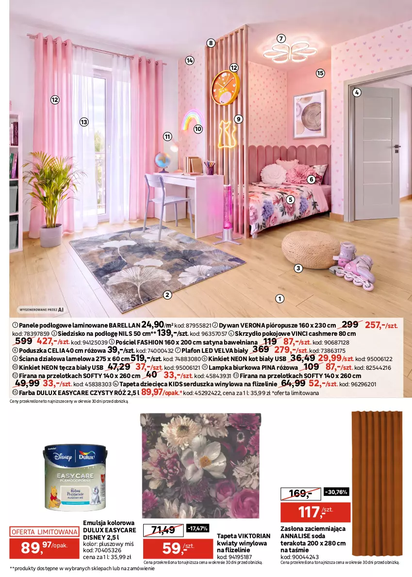 Gazetka promocyjna Leroy Merlin - Gazetka Leroy Merlin - ważna 12.08 do 08.09.2026 - strona 15 - produkty: Biurko, Disney, Drzwi, Dulux, Dywan, Dzieci, Emulsja, Fa, Firana, Lampa, Lampa stołowa, Listwa, Panda, Plafon, Plafon LED, Poduszka, Pościel, Reflektor, Ser, Siedzisko, Skrzydło drzwiowe, Tapeta, Tera, Zasłona