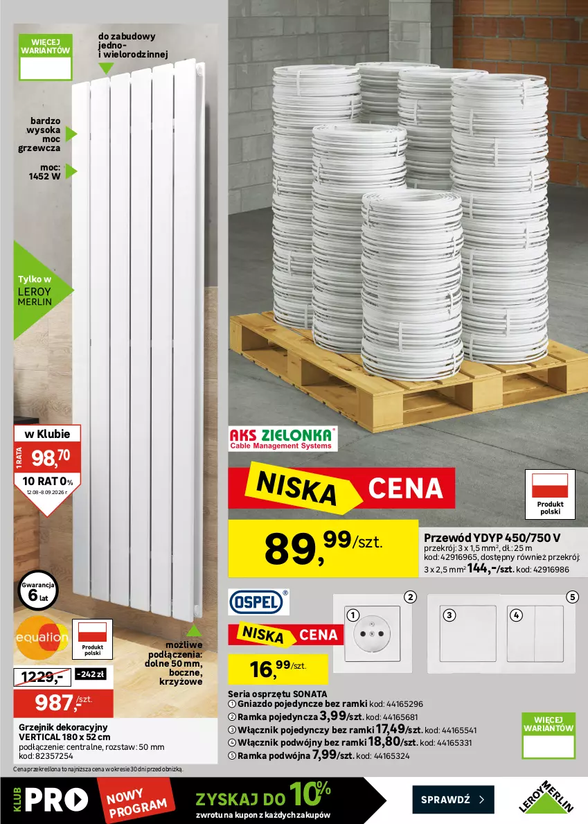 Gazetka promocyjna Leroy Merlin - Gazetka Leroy Merlin - ważna 12.08 do 08.09.2026 - strona 33 - produkty: Fa, Gniazdo pojedyncze, Grzejnik, Grzejnik łazienkowy, Przewód, Ramka, Ser, Sok, Włącznik podwójny, Włącznik pojedynczy
