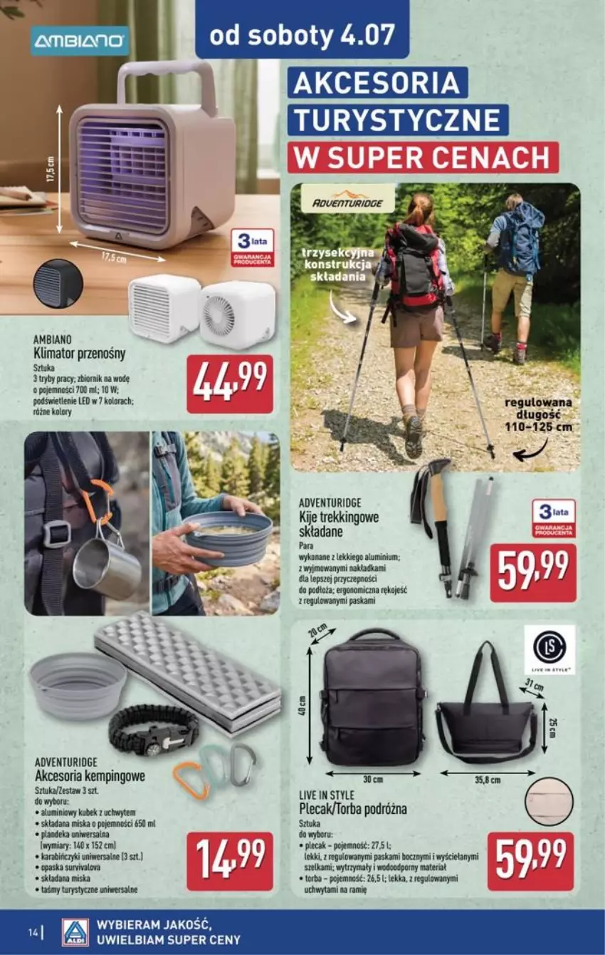Gazetka promocyjna Aldi - Artykuły przemysłowe i tekstylia - ważna 01.07 do 04.07.2026 - strona 14 - produkty: Fa, Kije, Kubek, Miska, Plecak, Torba