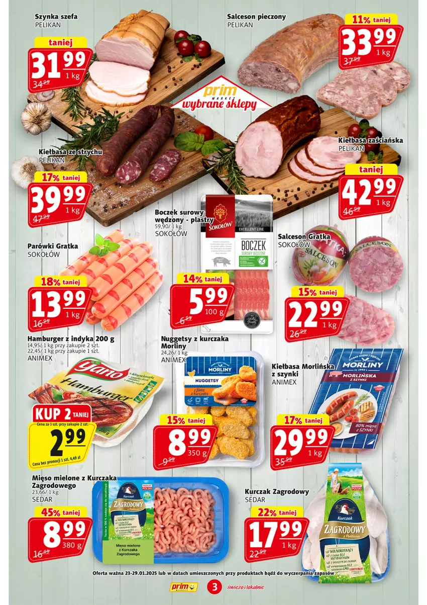 Gazetka promocyjna Prim Market - ważna 23.01 do 29.01.2025 - strona 3 - produkty: Boczek, Burger, Fa, Gra, Hamburger, Kiełbasa, Koc, Kurczak, Mięso, Mięso mielone, Morliny, Parówki, Piec, Salceson, Sok, Sokołów, Szynka