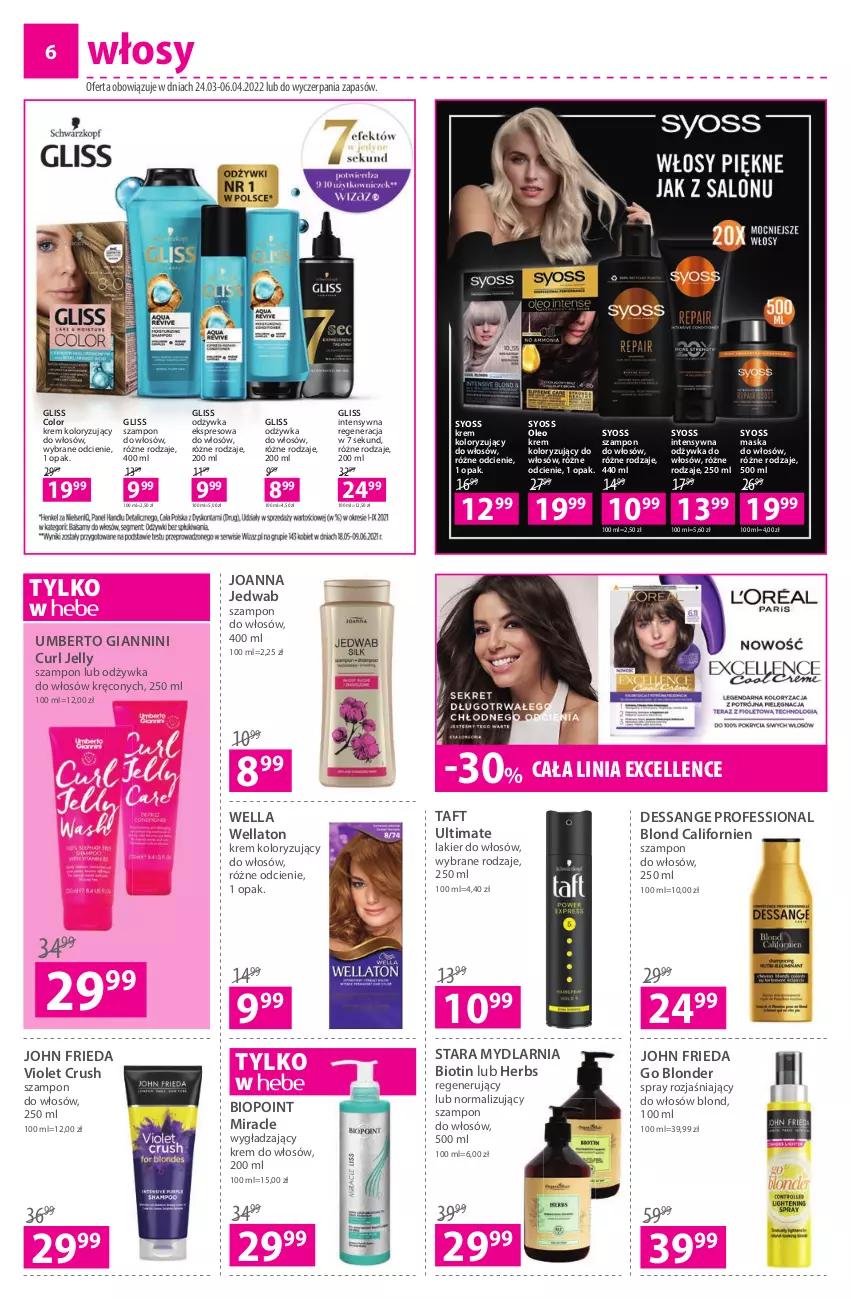 Gazetka promocyjna Hebe - Gazetka - ważna 24.03 do 06.04.2022 - strona 6 - produkty: Joanna, John frieda, Krem koloryzujący do włosów, Lakier, Lakier do włosów, Maska, Maska do włosów, Odżywka, Oleo, Syoss, Szampon, Taft, Wella