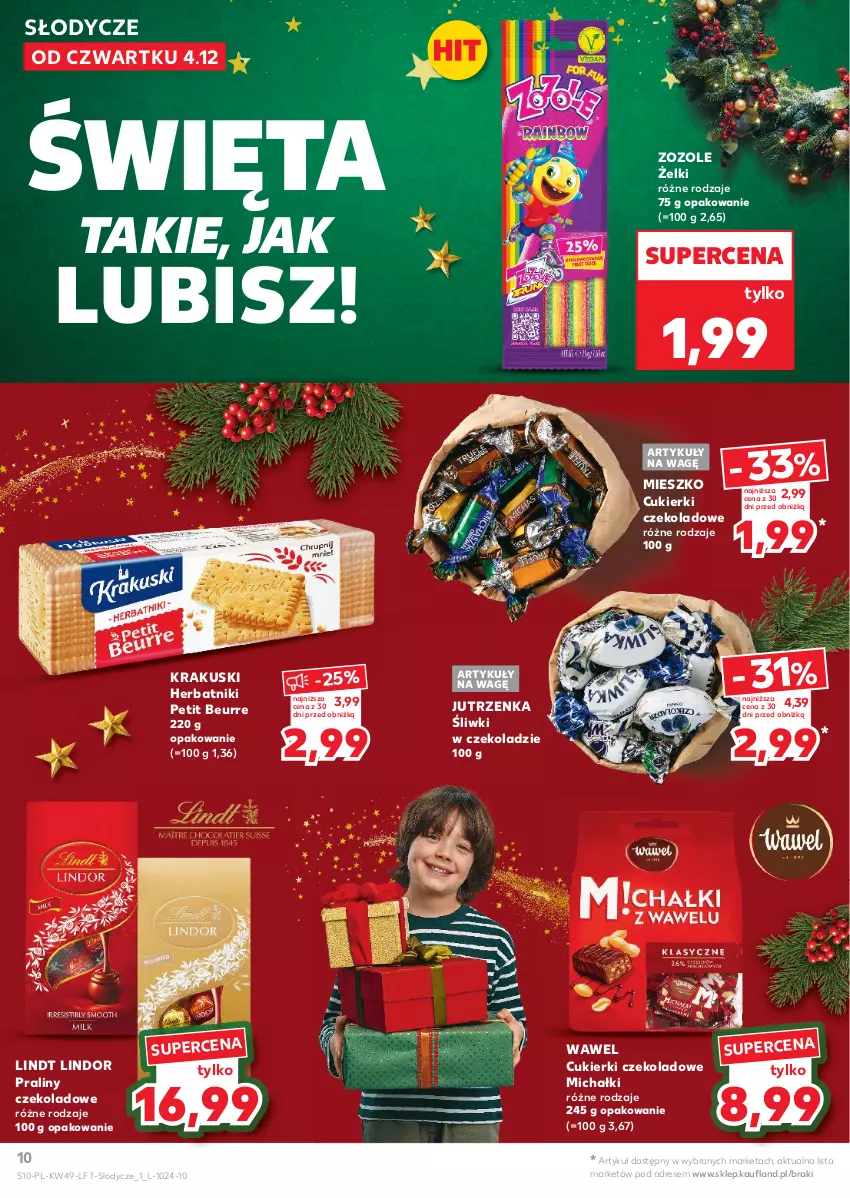 Gazetka promocyjna Kaufland - Gazetka tygodnia - ważna 04.12 do 09.12.2025 - strona 10 - produkty: Cukier, Cukierki, Cukierki czekoladowe, Dres, Herbatniki, Herbatniki Petit Beurre, Jutrzenka, Krakus, Krakuski, Lindor, Lindt, Lody, Michałki, Praliny, Wawel
