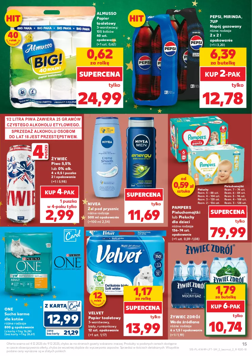 Gazetka promocyjna Kaufland - Gazetka tygodnia - ważna 04.12 do 09.12.2025 - strona 15 - produkty: 7up, Dzieci, Gra, LANA, Majtki, Mirinda, Mus, Napój, Napój gazowany, Nivea, Pampers, Papier, Papier toaletowy, Pepsi, Pieluchomajtki, Pieluchy, Piwa, Piwo, Rum, Sucha karma, Velvet, Woda