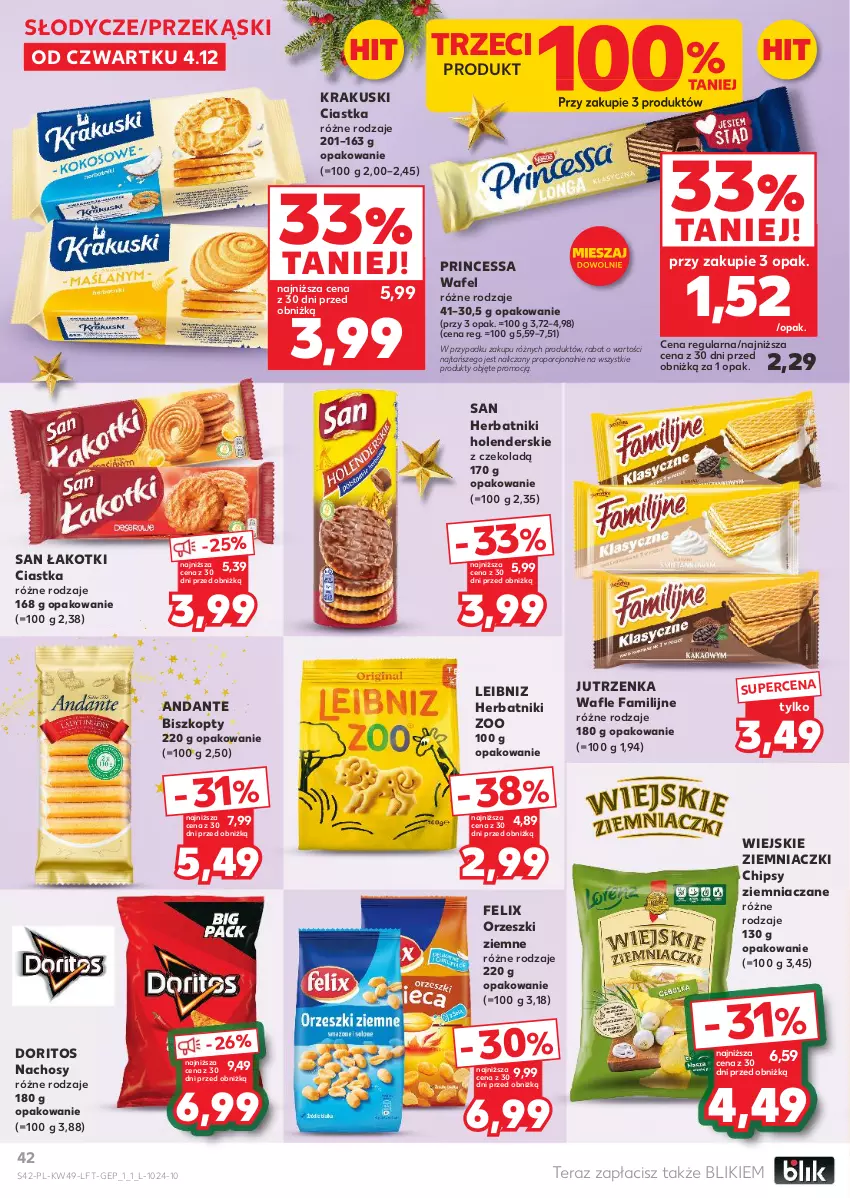 Gazetka promocyjna Kaufland - Gazetka tygodnia - ważna 04.12 do 09.12.2025 - strona 42 - produkty: Biszkopty, Chipsy, Ciastka, Fa, Felix, Herbatniki, Jutrzenka, Krakus, Krakuski, Orzeszki, Orzeszki ziemne, Por, Princessa, Tera, Wafle