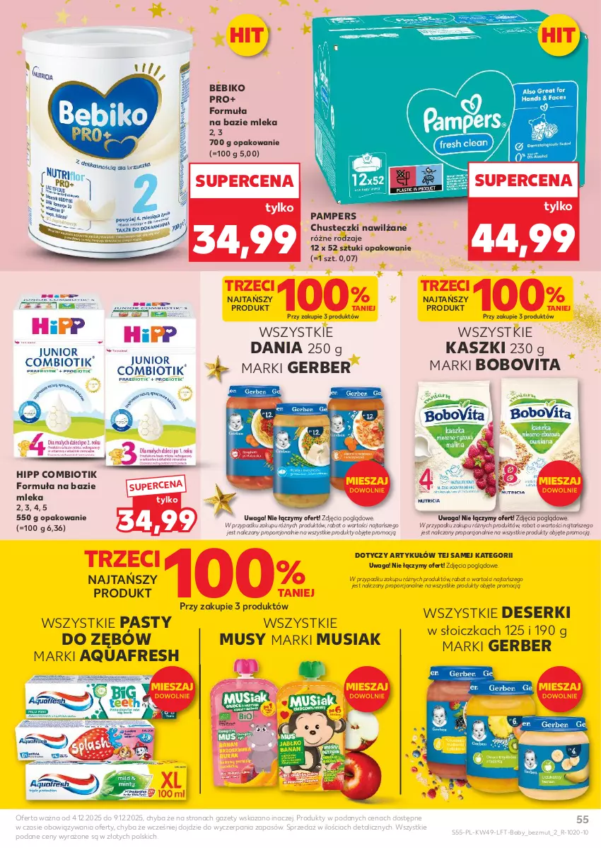 Gazetka promocyjna Kaufland - Gazetka tygodnia - ważna 04.12 do 09.12.2025 - strona 55 - produkty: Aquafresh, Bebiko, BoboVita, Chusteczki, Deser, Gerber, HiPP, Mus, Pampers, Por, Ser, Waga