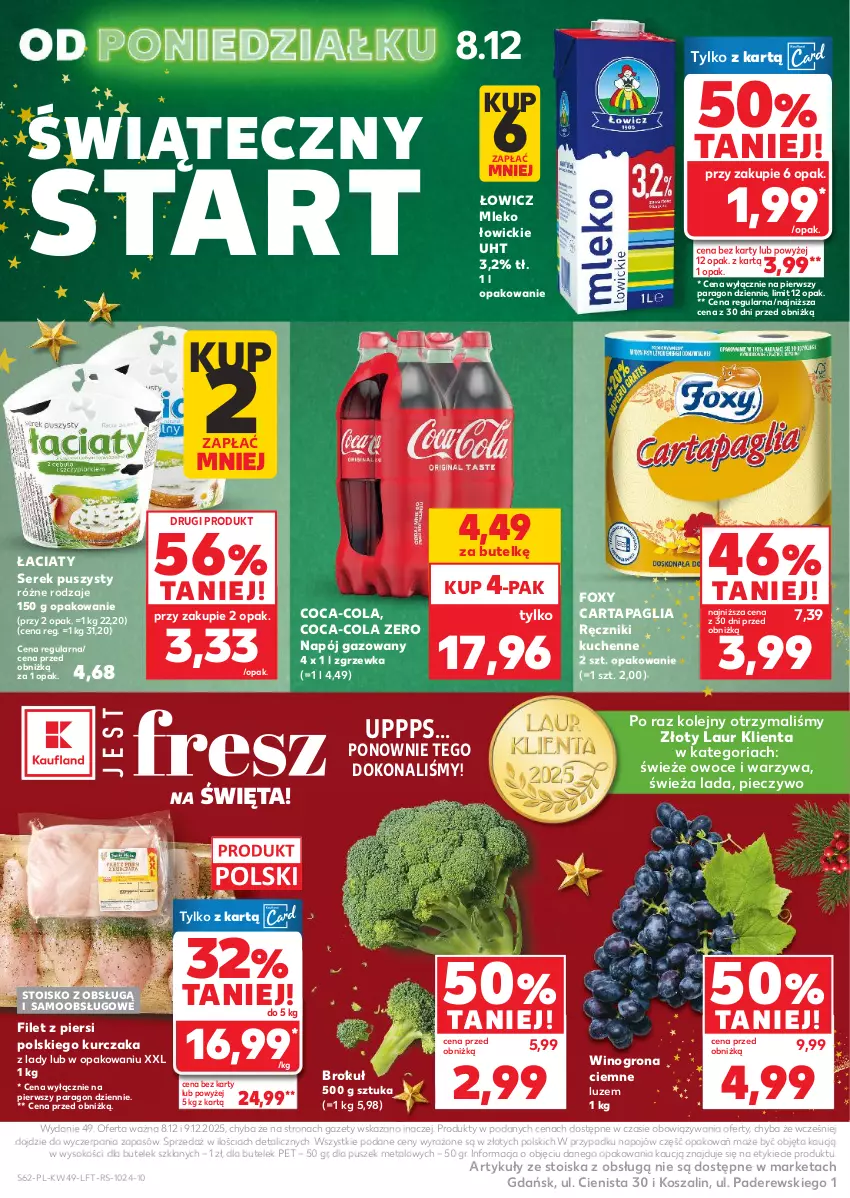 Gazetka promocyjna Kaufland - Gazetka tygodnia - ważna 04.12 do 09.12.2025 - strona 62 - produkty: Coca-Cola, Foxy, Kosz, Kurczak, Laur, Mleko, Napój, Napój gazowany, Olej, Owoce, Piec, Pieczywo, Ręcznik, Ser, Serek, Serek puszysty, Sok, Szal, Warzywa, Wino, Winogrona