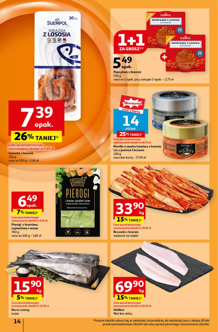 Gazetka promocyjna Auchan - Pewność Niskich Cen Hipermarket - ważna 19.09 do 25.09.2024 - strona 16 - produkty: Brzuszki z łososia, Dorsz, Halibut, Kawior, Papryka, Paprykarz, Pierogi, Ser, Sos, Suempol, Szpinak, Tusz