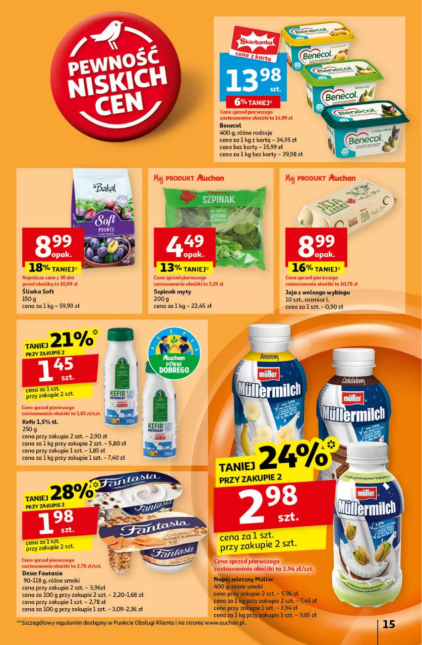 Gazetka promocyjna Auchan - Pewność Niskich Cen Hipermarket - ważna 19.09 do 25.09.2024 - strona 17 - produkty: Benecol, Deser, Fa, Fanta, Jaja, Jaja z wolnego wybiegu, Kefir, Ser, Szpinak