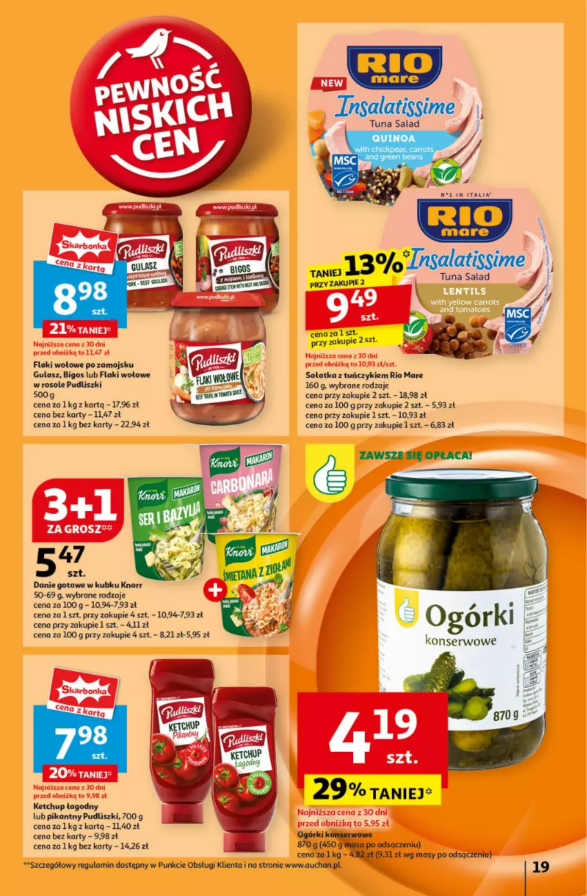 Gazetka promocyjna Auchan - Pewność Niskich Cen Hipermarket - ważna 19.09 do 25.09.2024 - strona 21 - produkty: Bigos, Danie gotowe, Flaki, Flaki wołowe, Gala, Ketchup, Knorr, Ogórki konserwowe, Pudliszki, Rio Mare, Sałat, Sałatka, Ser, Tuńczyk