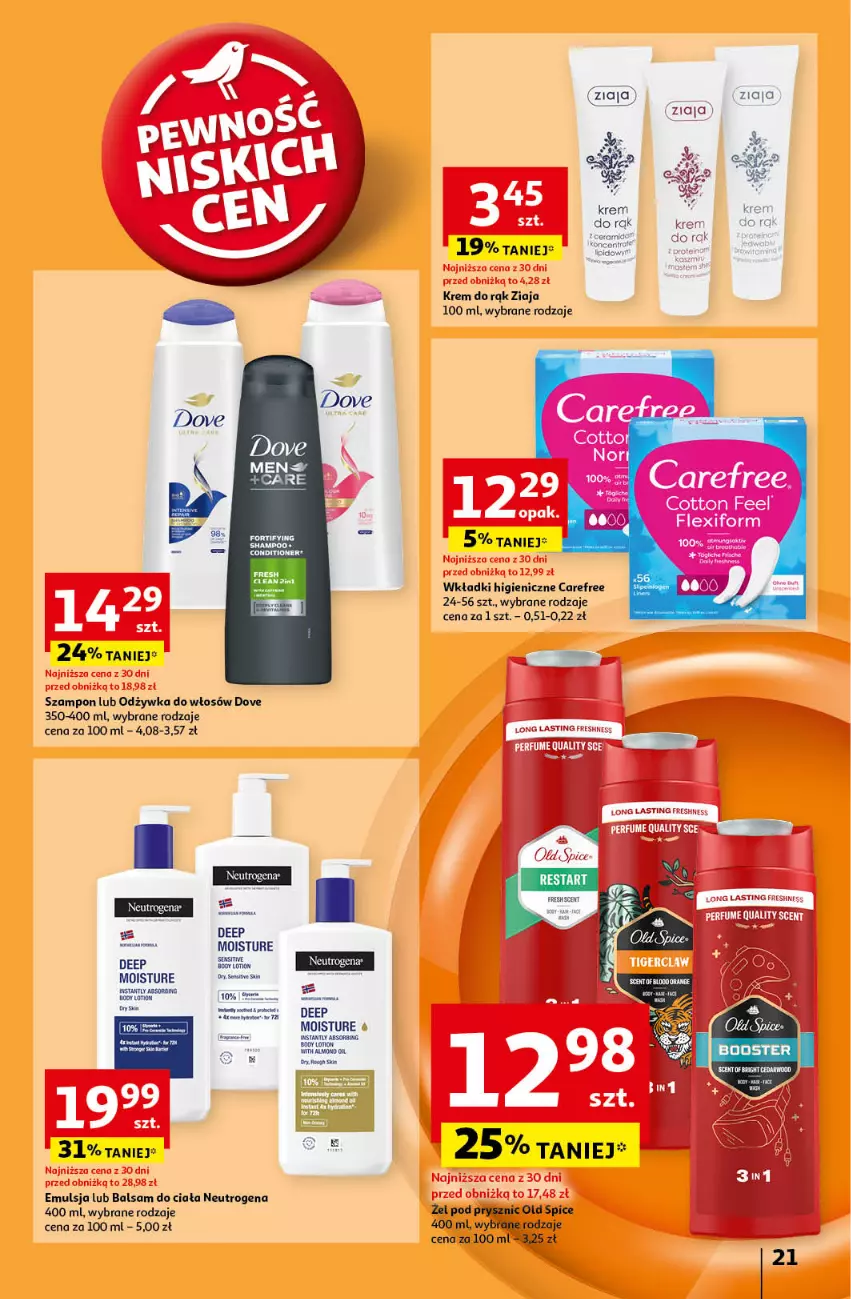 Gazetka promocyjna Auchan - Pewność Niskich Cen Hipermarket - ważna 19.09 do 25.09.2024 - strona 23 - produkty: Balsam do ciała, Carefree, Dove, Emulsja, Krem do rąk, Neutrogena, Odżywka, Old Spice, Somat, Szampon, Wkładki, Ziaja