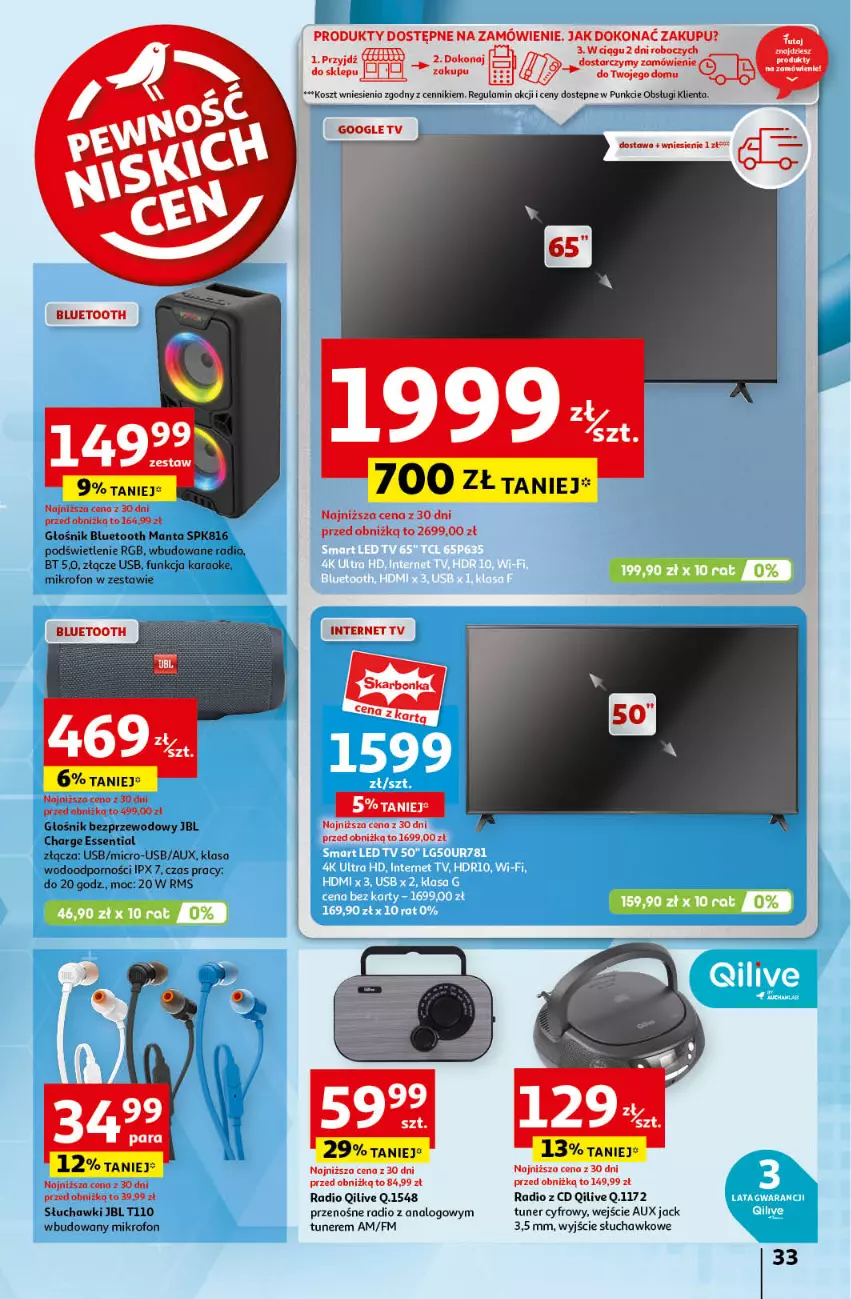 Gazetka promocyjna Auchan - Pewność Niskich Cen Hipermarket - ważna 19.09 do 25.09.2024 - strona 41 - produkty: Fa, Głośnik, Głośnik bluetooth, JBL, Kosz, Manta, Mikrofon, Por, Słuchawki