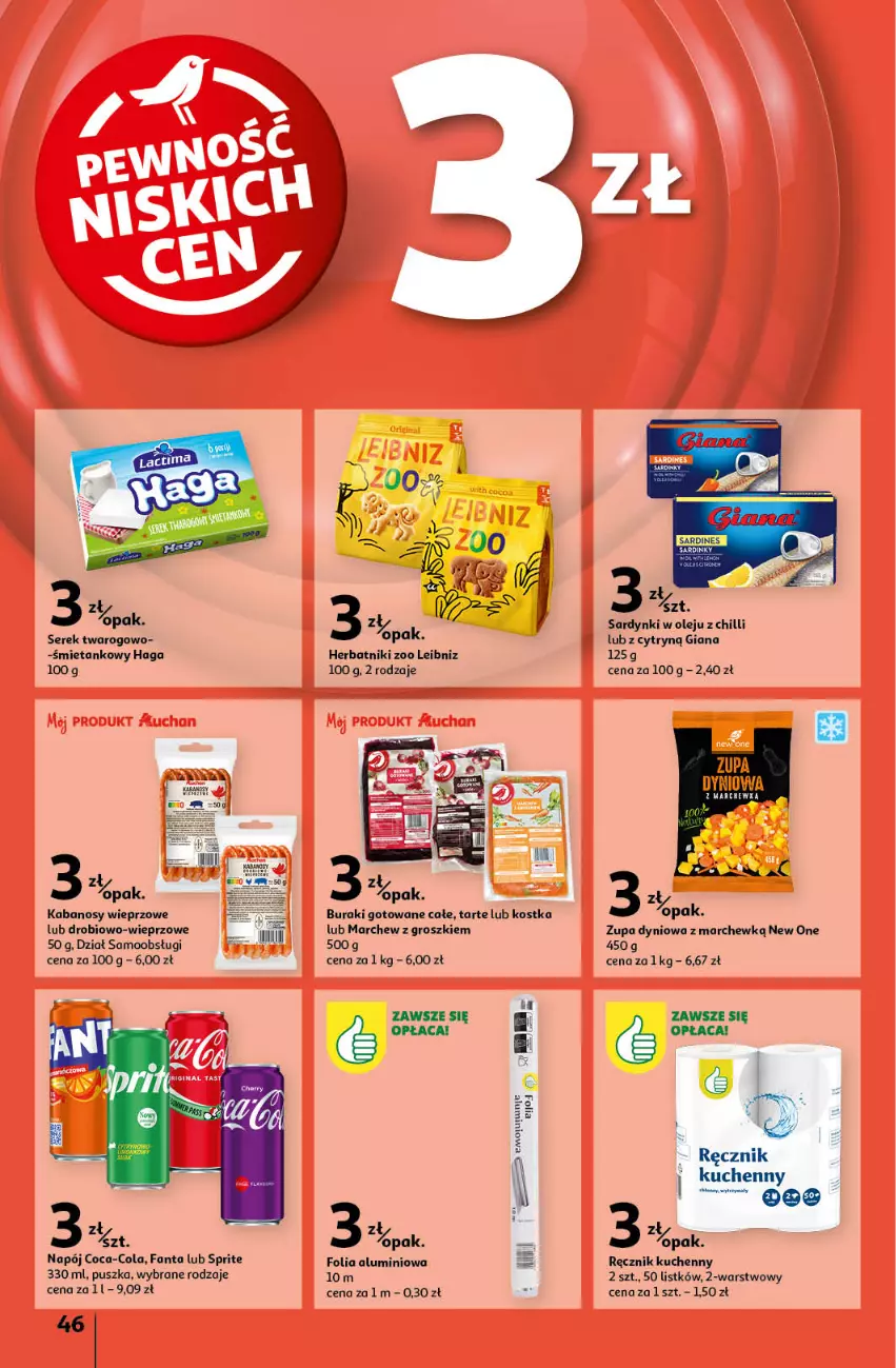 Gazetka promocyjna Auchan - Pewność Niskich Cen Hipermarket - ważna 19.09 do 25.09.2024 - strona 54 - produkty: Buraki, Coca-Cola, Fa, Fanta, Folia aluminiowa, Herbatniki, Kabanos, Napój, Olej, Ręcznik, Ręcznik kuchenny, Sardynki, Ser, Serek, Sprite, Zupa