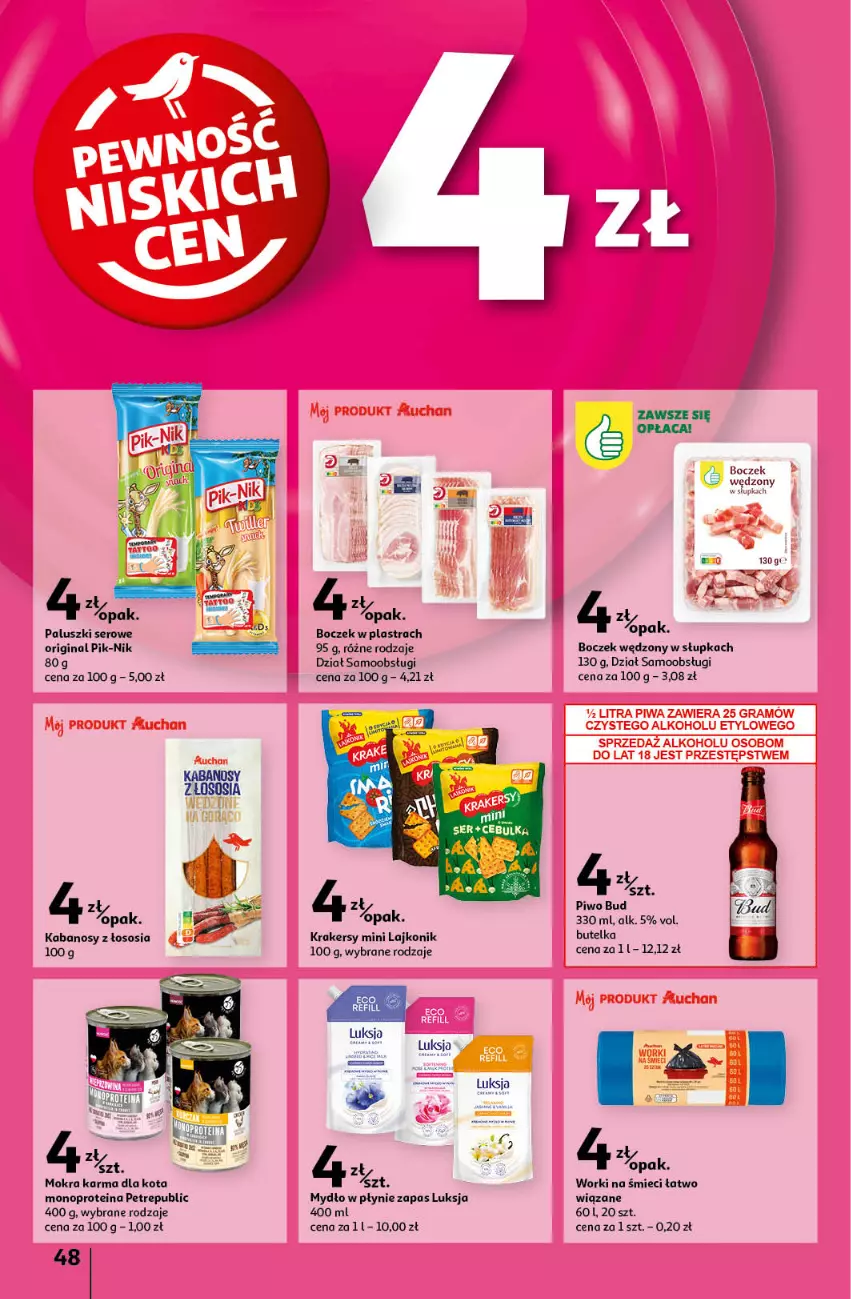 Gazetka promocyjna Auchan - Pewność Niskich Cen Hipermarket - ważna 19.09 do 25.09.2024 - strona 56 - produkty: Boczek, Gin, Kabanos, Krakersy, Lajkonik, Luksja, Mokra karma, Mydło, Mydło w płynie, Piwo, Ser, Sos, Worki na śmiec, Worki na śmieci