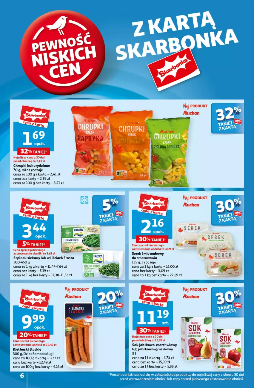 Gazetka promocyjna Auchan - Pewność Niskich Cen Hipermarket - ważna 19.09 do 25.09.2024 - strona 6 - produkty: Chrupki, Frosta, Kiełbaski śląskie, Ser, Serek, Sok, Szpinak