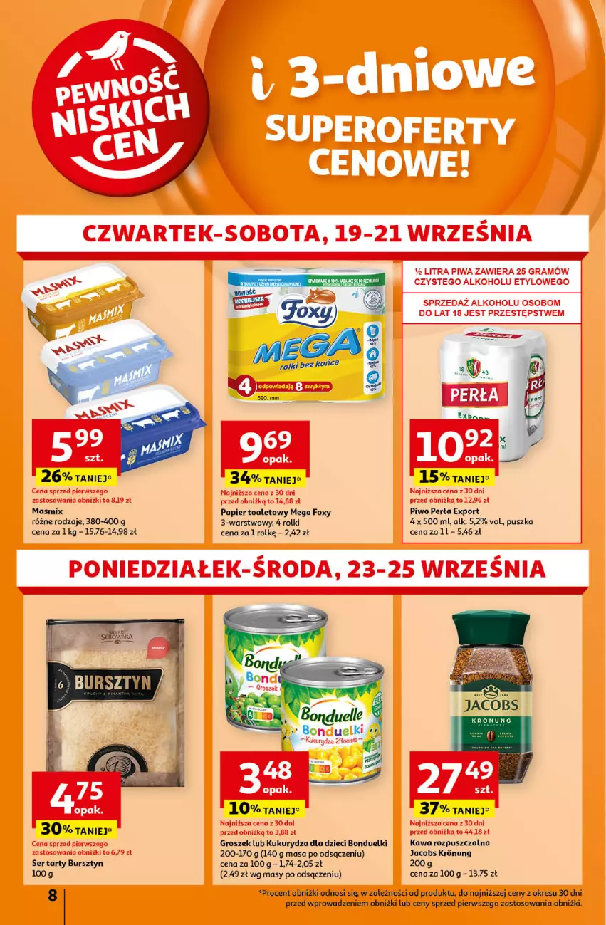 Gazetka promocyjna Auchan - Pewność Niskich Cen Hipermarket - ważna 19.09 do 25.09.2024 - strona 8 - produkty: Bursztyn, Dzieci, Foxy, Groszek, Jacobs, Kawa, Kawa rozpuszczalna, Kukurydza, Papier, Papier toaletowy, Perła, Piwo, Por, Rolki, Ser