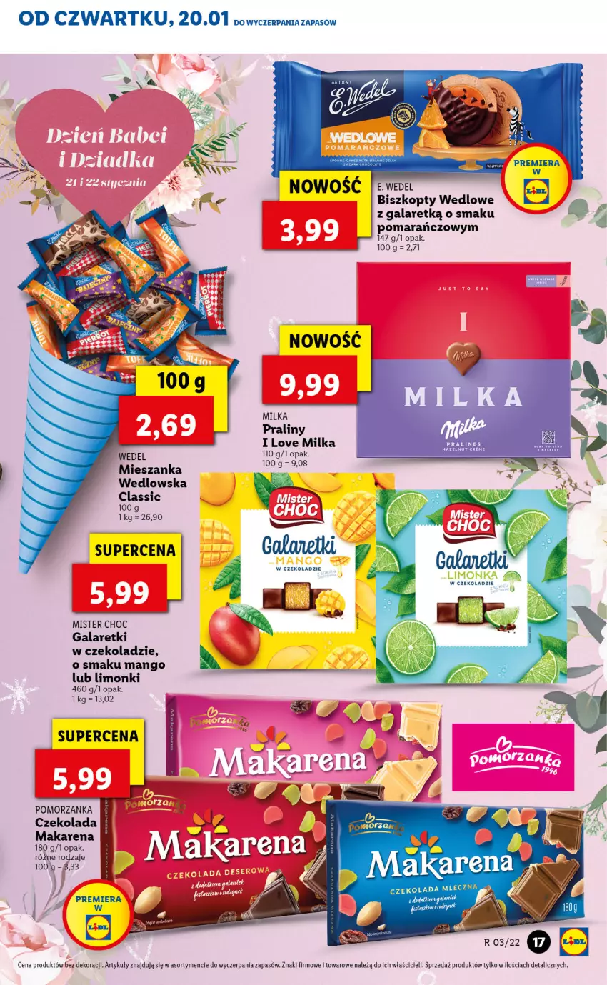 Gazetka promocyjna Lidl - GAZETKA - ważna 20.01 do 23.01.2022 - strona 17 - produkty: Biszkopty, Czekolada, Czekolada mleczna, E. Wedel, Gala, Galaretki, Mango, Mieszanka wedlowska, Milka, Praliny