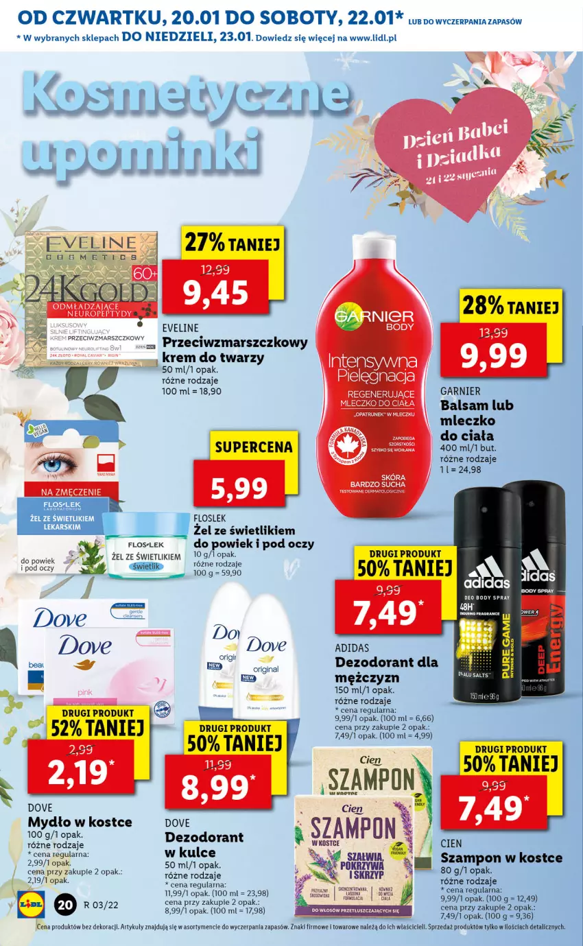 Gazetka promocyjna Lidl - GAZETKA - ważna 20.01 do 23.01.2022 - strona 20 - produkty: Adidas, Dezodorant, Dove, Eveline, Garnier, Krem do twarzy, Mars, Mleczko, Mleczko do ciała, Mydło, Szampon, Woda