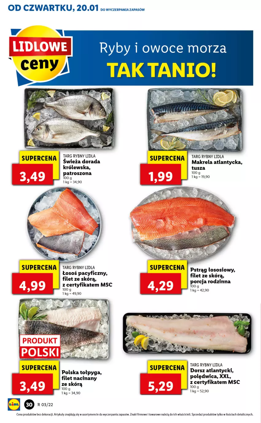 Gazetka promocyjna Lidl - GAZETKA - ważna 20.01 do 23.01.2022 - strona 30 - produkty: Dorsz, Owoce, Owoce morza, Polędwica, Por, Ryby i owoce morza, Tołpyga, Tusz