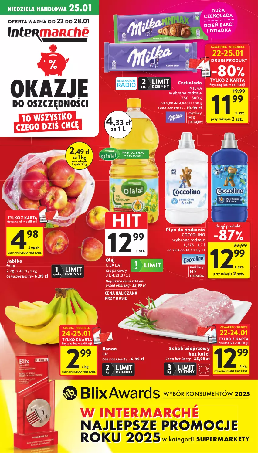 Gazetka promocyjna Intermarche - Gazetka promocyjna - ważna 22.01 do 28.01.2026 - strona 1 - produkty: Coccolino, Czekolada, Milka, Olej, Płyn do płukania, Schab wieprzowy