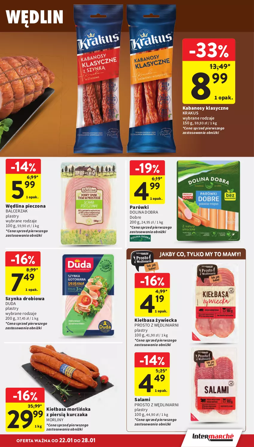 Gazetka promocyjna Intermarche - Gazetka promocyjna - ważna 22.01 do 28.01.2026 - strona 19 - produkty: Duda, Kabanos, Kiełbasa, Krakus, Kurczak, Morliny, Parówki, Piec, Salami, Szynka, Wędlina