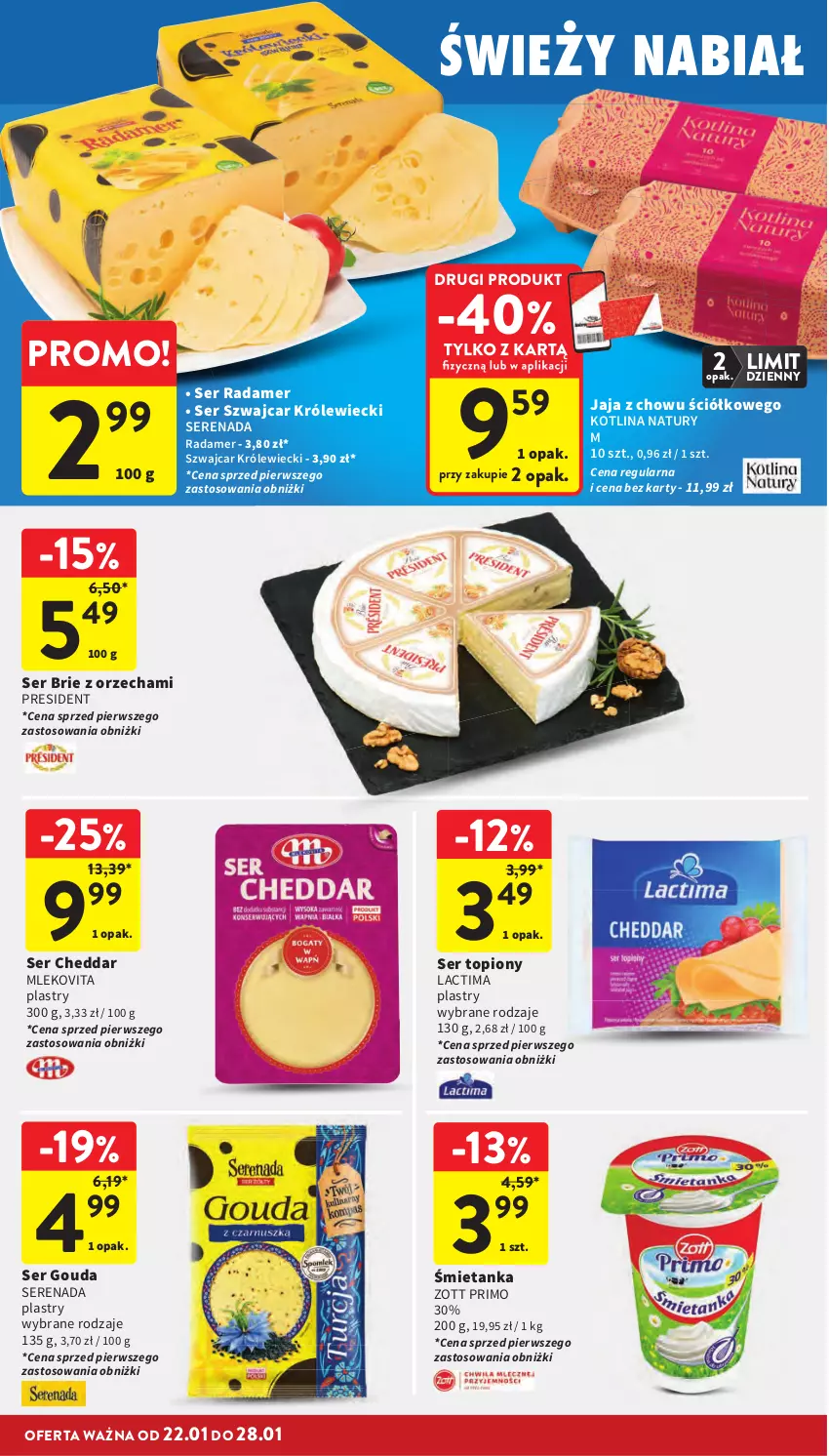 Gazetka promocyjna Intermarche - Gazetka promocyjna - ważna 22.01 do 28.01.2026 - strona 24 - produkty: Brie, Cheddar, Gouda, Jaja, Kotlin, Mleko, Mlekovita, Radamer, Ser, Ser topiony, Top, Zott, Zott Primo