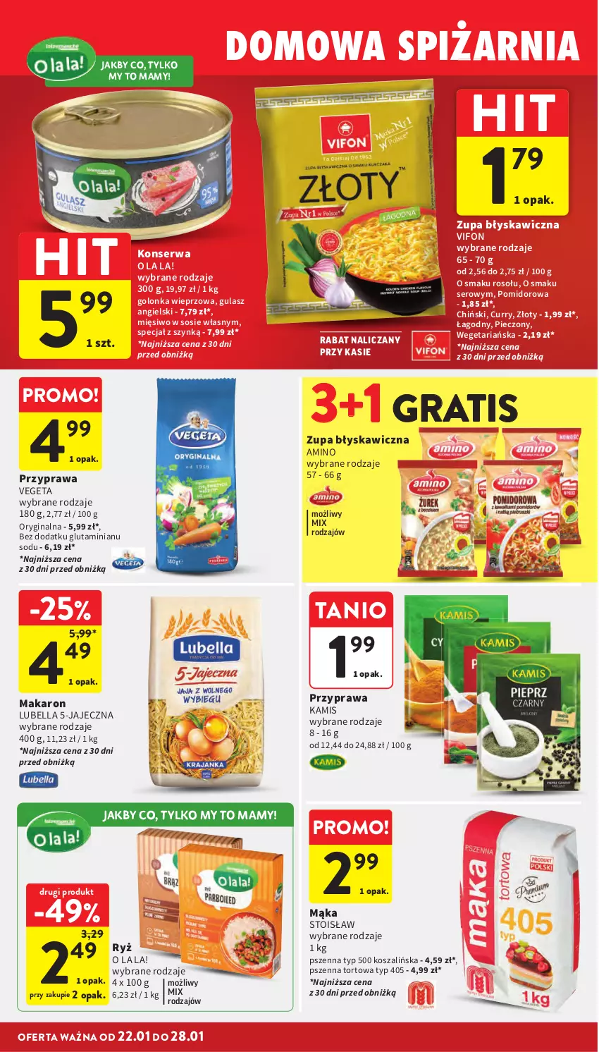 Gazetka promocyjna Intermarche - Gazetka promocyjna - ważna 22.01 do 28.01.2026 - strona 28 - produkty: Bell, Bella, Gin, Golonka wieprzowa, Gra, Kamis, Kosz, Lubella, Mąka, Makaron, Piec, Ryż, Ser, Sos, Szal, Vegeta, Zupa