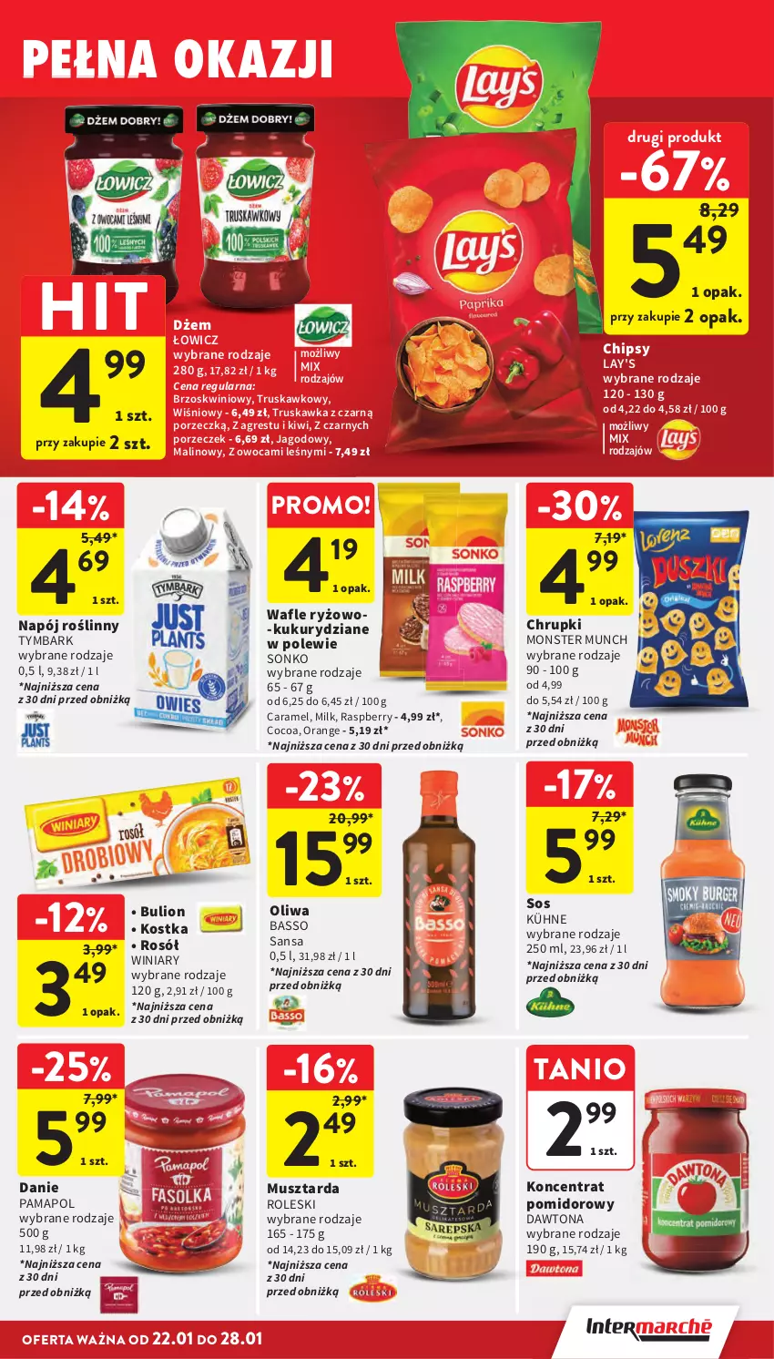 Gazetka promocyjna Intermarche - Gazetka promocyjna - ważna 22.01 do 28.01.2026 - strona 29 - produkty: Bulion, Chipsy, Chrupki, Dawtona, Dżem, Gres, Kiwi, Koncentrat pomidorowy, Lion, Monster Munch, Mus, Musztarda, Napój, Napój roślinny, Oliwa, Por, Rosół, Ryż, Sonko, Sos, Tymbark, Wafle, Winiary