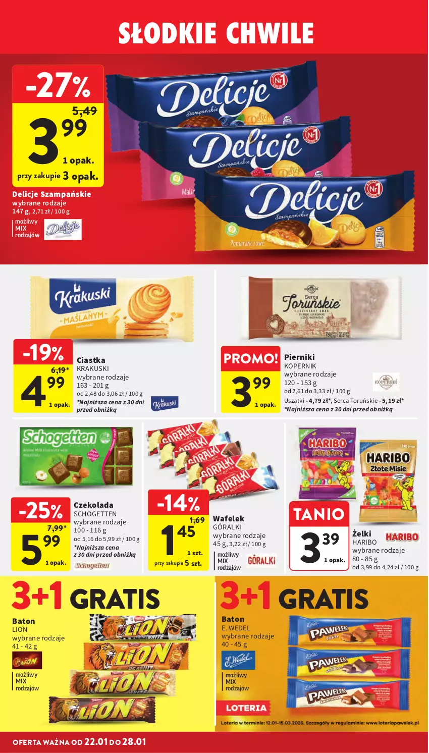 Gazetka promocyjna Intermarche - Gazetka promocyjna - ważna 22.01 do 28.01.2026 - strona 30 - produkty: Baton, Ciastka, Czekolada, Delicje, E. Wedel, Góralki, Gra, Haribo, Krakus, Krakuski, Lion, Piernik, Schogetten, Ser, Wafelek