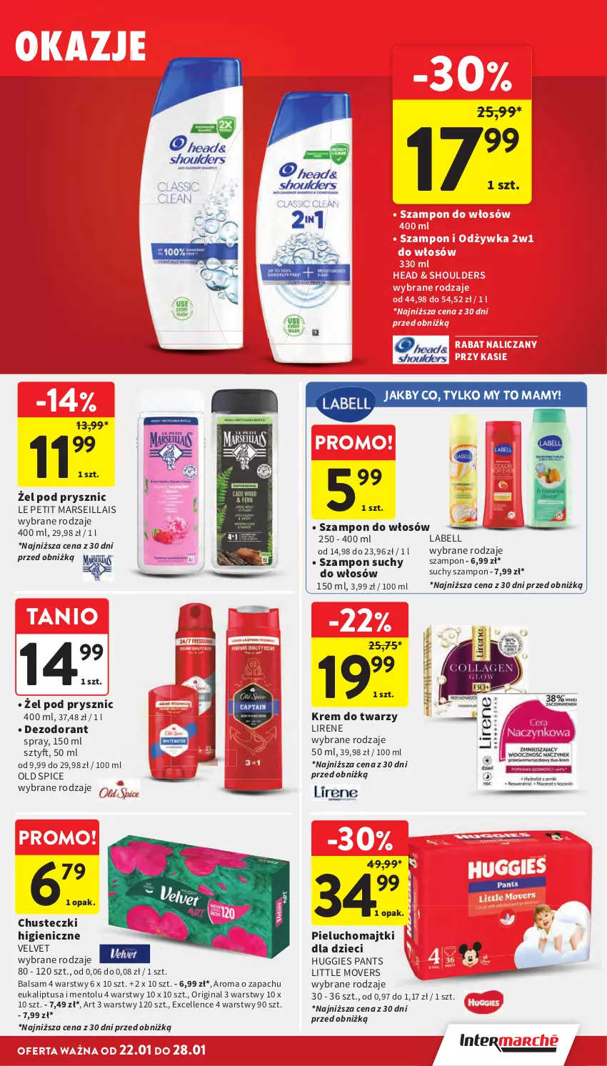 Gazetka promocyjna Intermarche - Gazetka promocyjna - ważna 22.01 do 28.01.2026 - strona 37 - produkty: Bell, Chusteczki, Dezodorant, Dzieci, Gin, Huggies, Krem do twarzy, Lirene, Majtki, Mars, Odżywka, Old Spice, Pieluchomajtki, Suchy szampon, Szampon, Velvet