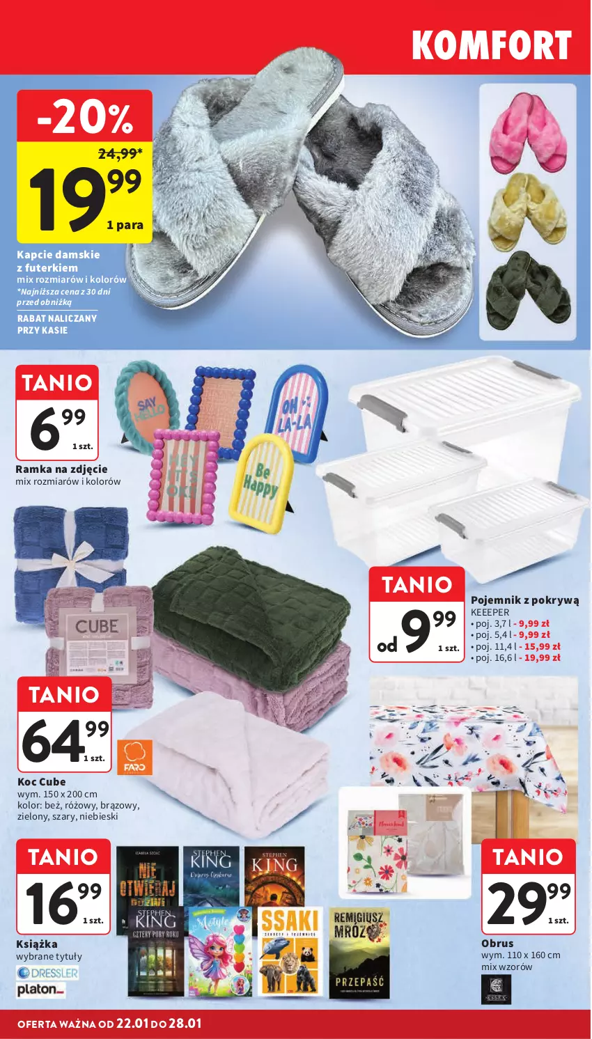 Gazetka promocyjna Intermarche - Gazetka promocyjna - ważna 22.01 do 28.01.2026 - strona 40 - produkty: Kapcie, Koc, Książka, Obrus, Pojemnik, Ramka