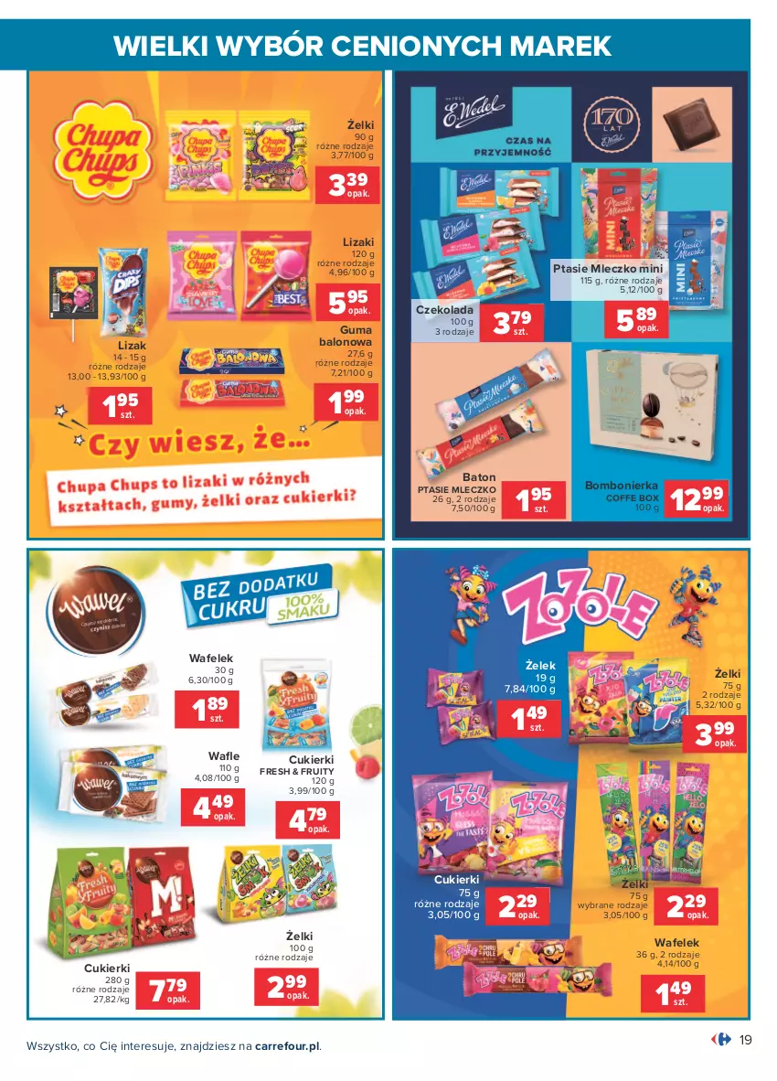 Gazetka promocyjna Carrefour - Gazetka Wielki wybór cenionych marek - ważna 19.07 do 31.07.2021 - strona 19 - produkty: Baton, Cukier, Cukierki, Czekolada, Lizaki, Mleczko, Ptasie mleczko, Wafelek