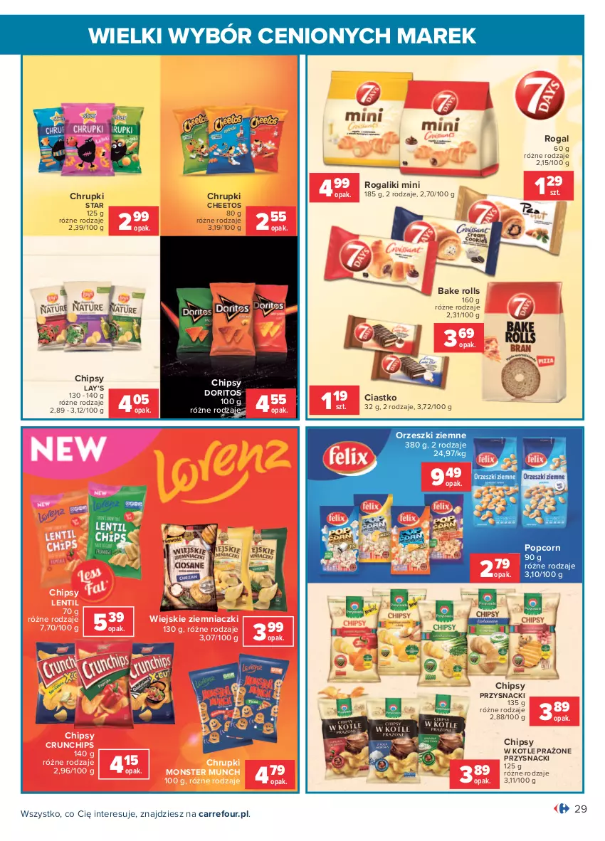 Gazetka promocyjna Carrefour - Gazetka Wielki wybór cenionych marek - ważna 19.07 do 31.07.2021 - strona 29 - produkty: Bake Rolls, Cheetos, Chipsy, Chrupki, Crunchips, Lay’s, Monster Munch, Orzeszki, Orzeszki ziemne, Popcorn, Przysnacki, Rogal